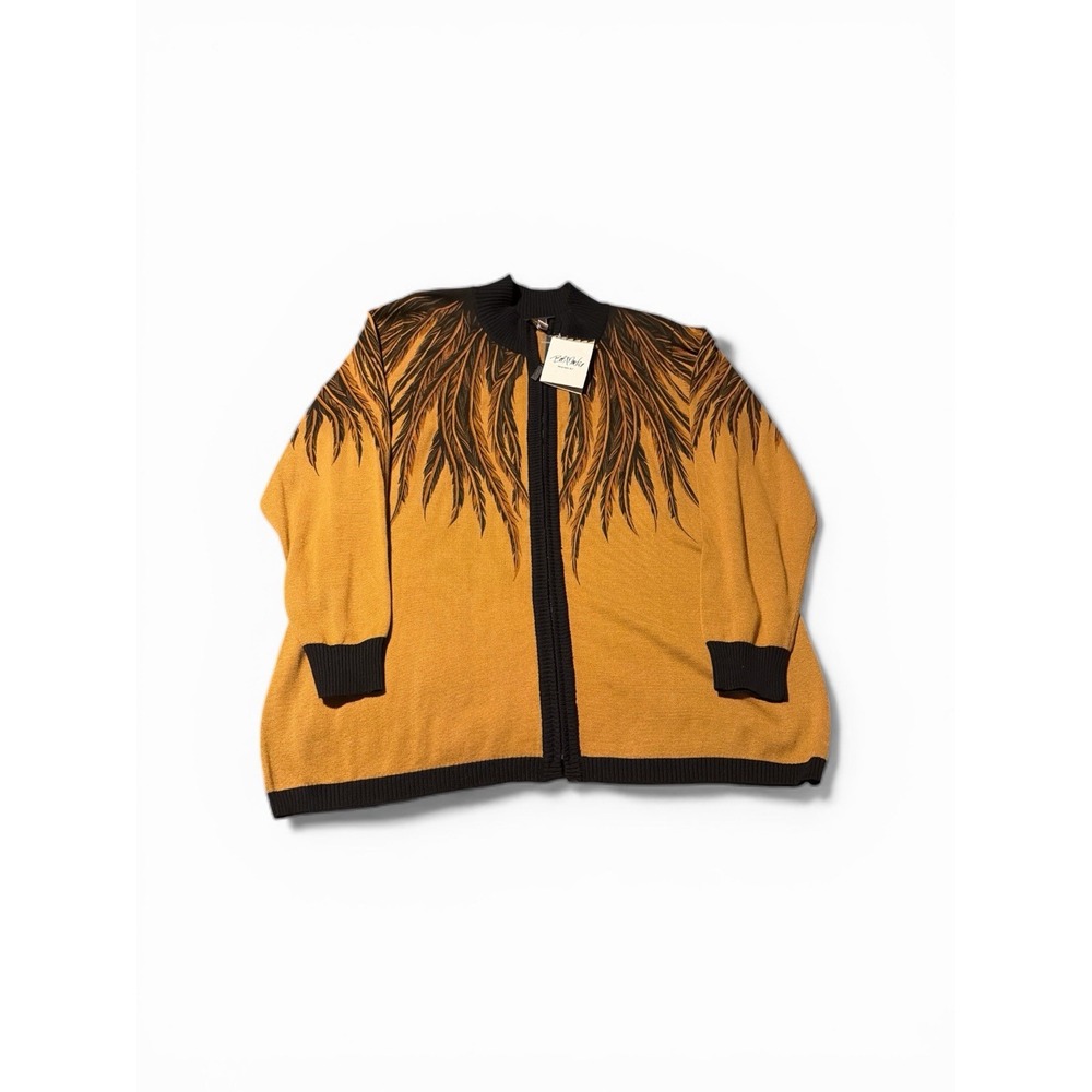 Woman's Plus 1x Bob Mackie Wearable Art Zip Down Sweater  Feather Print‎ Mustard